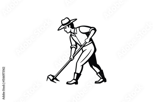 Farmer Working with a Hoe in the Field Silhouette