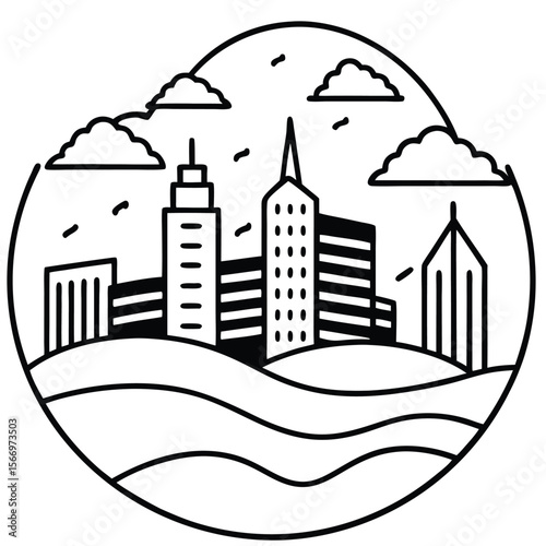 Cityscape with Clouds and Waves buildings skyscrapers