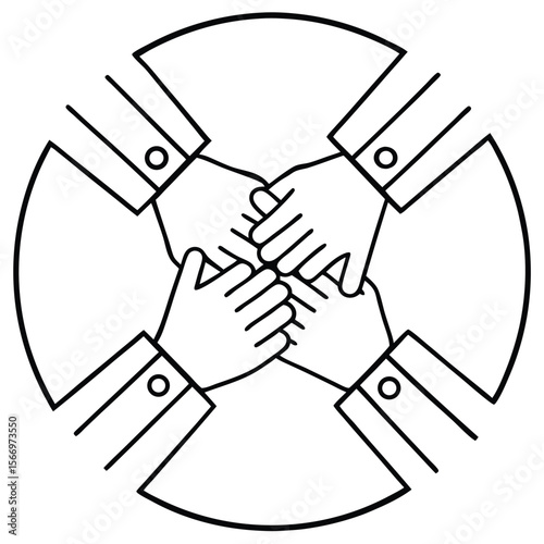 Four hands clasped together in a circle teamwork cooperation
