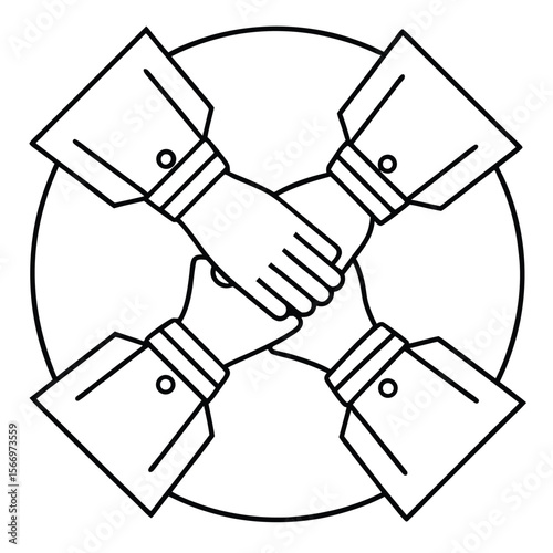 Four hands clasped together in a circle teamwork cooperation