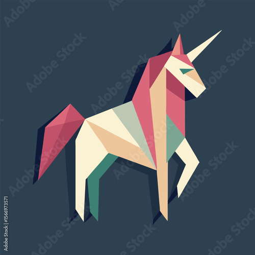 Minimal geometric origami unicorn vector, modern paper art design, abstract polygonal unicorn, clean lines, creative animal illustration