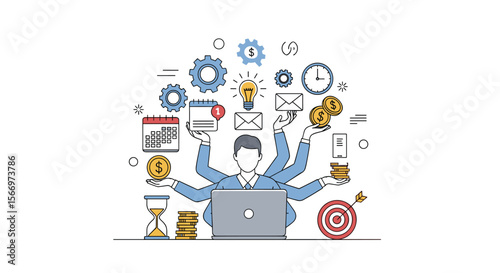 Efficient multitasking person handling many tasks simultaneously for productivity success