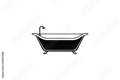 Vintage Clawfoot Bathtub with Faucet in Black and White Silhouette