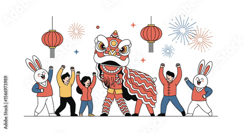 Celebrating lunar new year with joyful dancing animals and festive fireworks