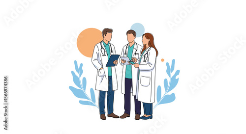 Three medical professionals in white lab coats discussing patient care with a tablet device