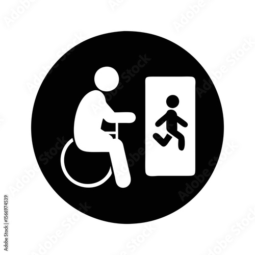 Wheelchair accessible emergency exit guidance symbol on a circular sign