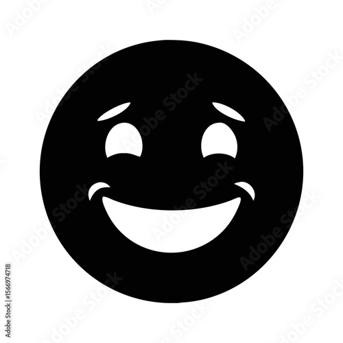 Simple black and white illustration of an emotive, broadly smiling emoticon