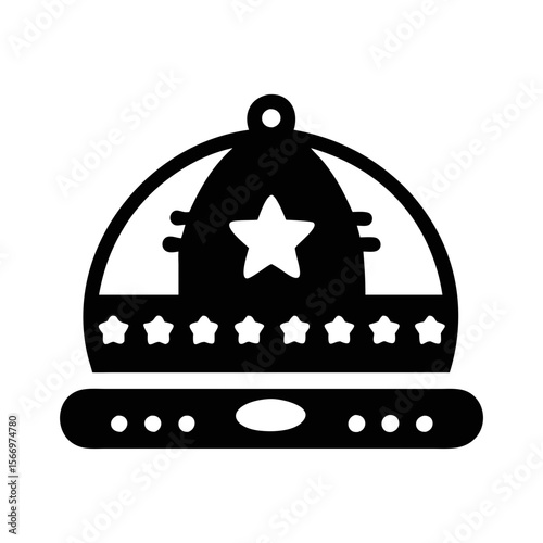 Stylized Crown with Star and Circular Details, Simple Black and White Icon
