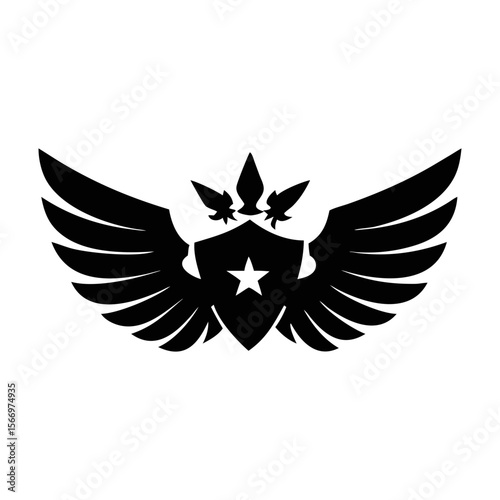 Winged Shield with Star Emblem in Black and White Silhouette Design