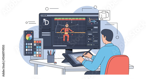Artist using digital tools to create 3d animation and visual effects on computer software for film production