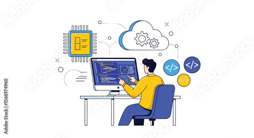 Illustrating a software engineer working on a computer with cloud computing and microchip technology concepts in a modern digital environment