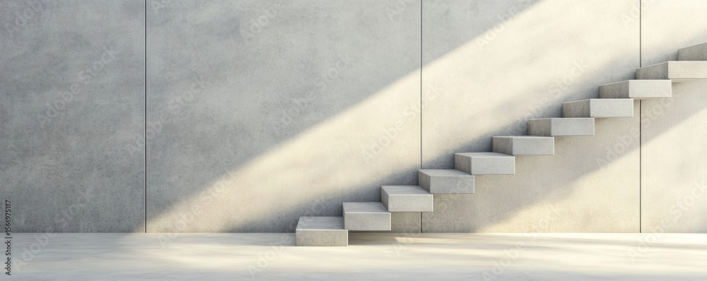 Obraz premium Geometric concrete steps lead to a modern grey wall illuminated by diagonal sunlight in a minimalist architectural setting