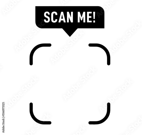 scan frame icon with bold “Scan Me!” text in speech bubble. QR code guides, and contactless interaction. technology, marketing