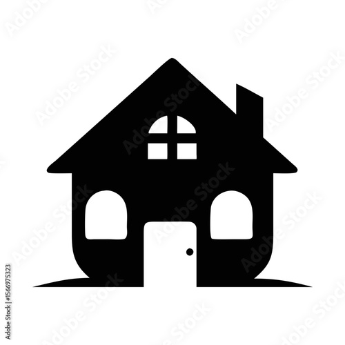 Stylized black and white house illustration with distinctive window and door shapes