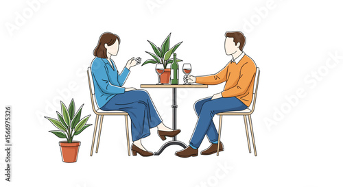 A couple enjoys a quiet conversation over drinks at a small table surrounded by green plants illustrating a peaceful outdoor dining experience