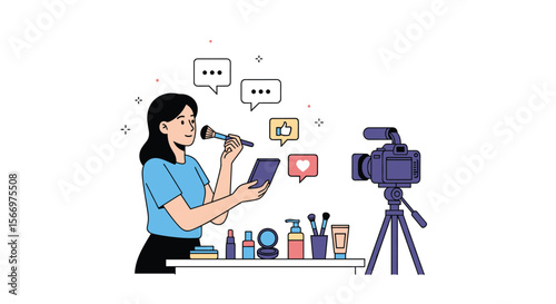 Creative influencer demonstrating makeup products live online for digital audience engagement and content creation