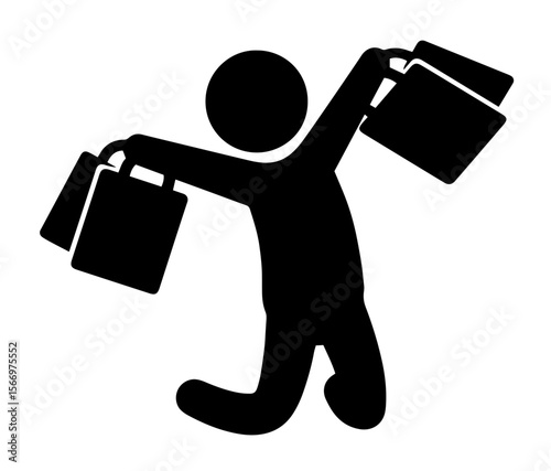 Happy person carrying shopping bags with raised arms. joyful consumer behavior, retail activity, weekend leisure, discounts and spending habits in modern lifestyle context.