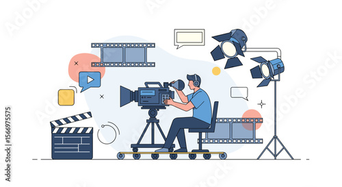 Professional cinematographer capturing a film scene with movie production equipment and lighting setups enhancing the visual storytelling experience