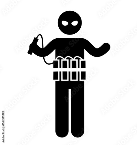 Silhouette of masked person with explosive vest and detonator. suicide bomber threat, terrorism, and violent extremism for use in educational or security awareness materials.