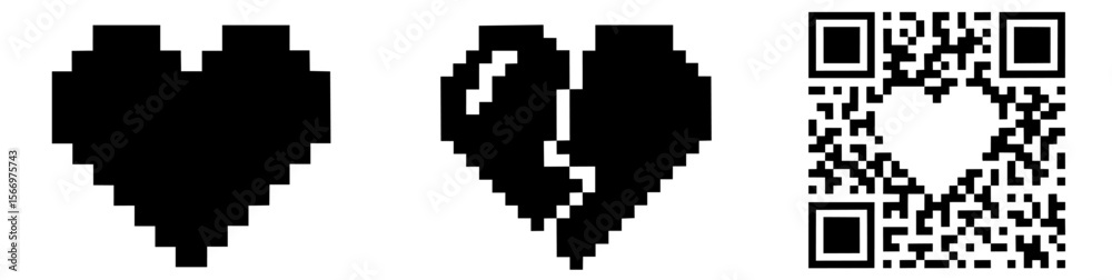 Set of pixelated — black heart, broken heart, and QR code with heart-shaped center — retro 8-bit aesthetics, online emotions, tech romance in the digital era of relationships. Set of pixelated — black heart, broken heart, and QR code with heart-shaped center — retro 8-bit aesthetics, online emotions, tech romance in the digital era of relationships.