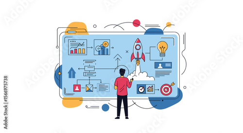 Visualizing a complex business strategy and project management workflow with data analytics and goal achievement