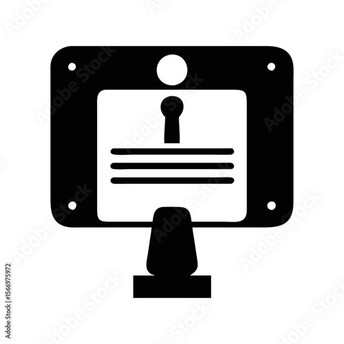 Monochrome presentation screen with rounded edges, indicator light, and abstract imagery