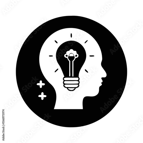 Monochrome Head Profile with Light Bulb Icon Representing Ideas and Innovation