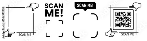 Scan Me QR with Pointers and Labels. QR Code Highlighting, Attention Markers, Contactless Access. Mobile Scanning, Digital Interaction, Smart Linking, Visual Call to Action for Apps, Menus, Business M