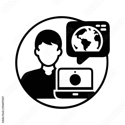 Person with laptop and globe suggests online global collaboration for business