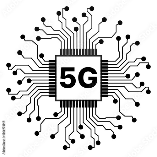 5G Microchip Icon with Circuit Lines. Fifth-Generation Mobile Communication, High-Speed Wireless Internet, Smart Connectivity, and Digital Infrastructure. Real-Time Data Transfer, IoT, Edge Computing,