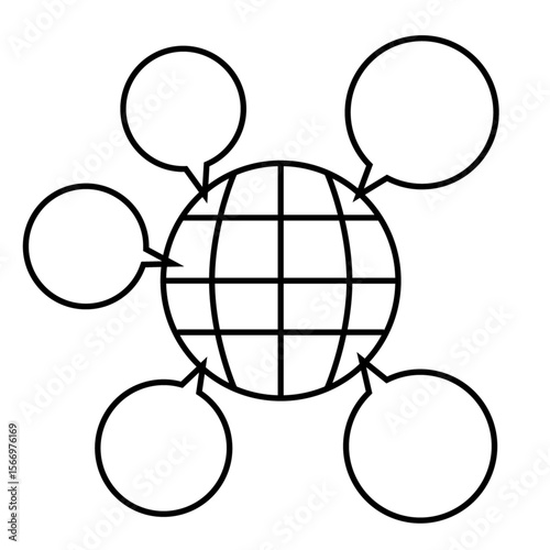 Globe with speech bubbles around. global communication, worldwide conversation, international messaging, online dialogue and digital connection between people across different regions and cultures.