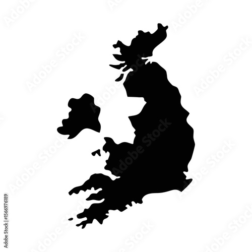 Black Silhouette Map of the United Kingdom and Ireland on White Background