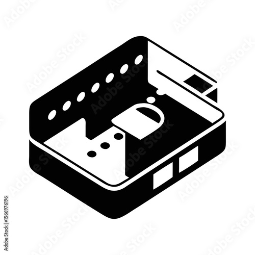 Isometric view of an electrical box with holes and access panels illustration