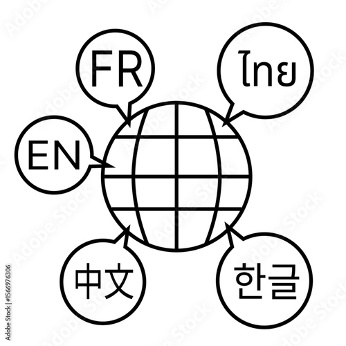 Multilingual Globe with Language Bubbles. English, French, Chinese, Korean, and Thai. Language Learning, Global Communication, Linguistics, Translation,  International Education. Language Apps, Online