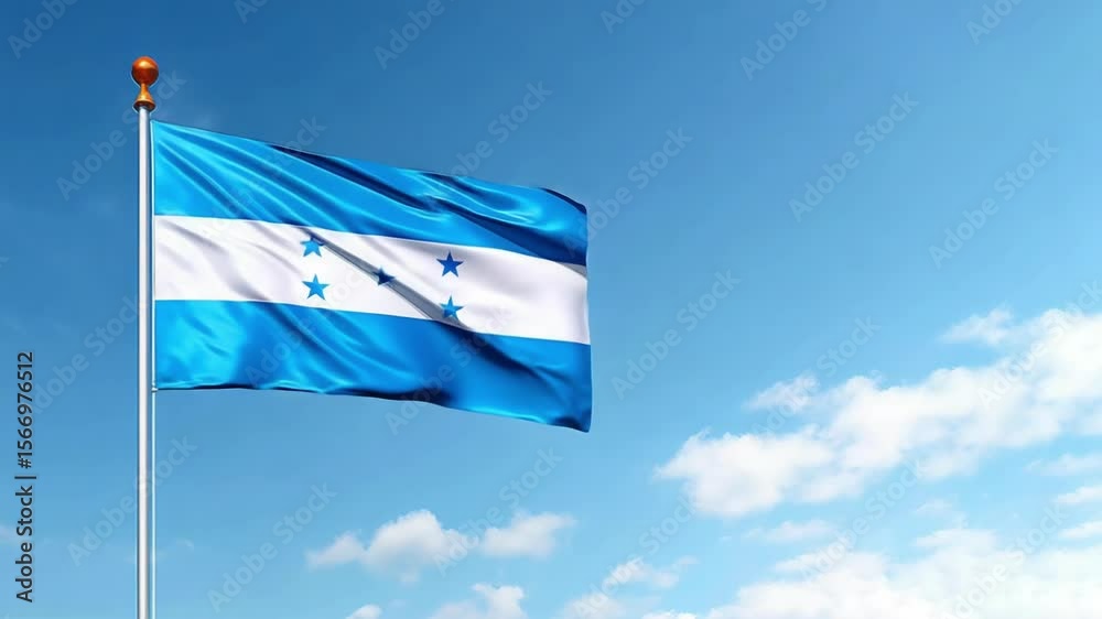 A vibrant flag of Honduras displays its colors as it waves gracefully in the wind beneath a sunny sky.