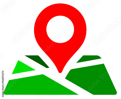 Red location pin on simplified green map. GPS navigation, geolocation, route planning used in digital maps, tracking apps, mobile geographic services.