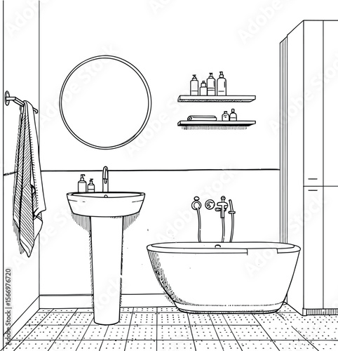 Black-and-White Vector Illustration of Bathroom Interior – 6-Item Hygiene & Furnishing Scene