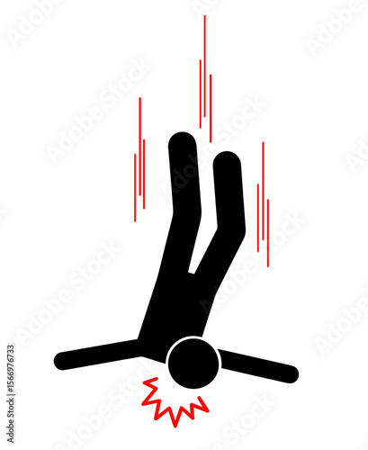 Silhouette of falling person landing on head. workplace injury, head trauma risk, safety hazard used in emergency response, health education, accident prevention materials.