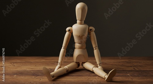 Wooden Mannequin Sitting on Wood Floor, Dark Background, Studio Shot