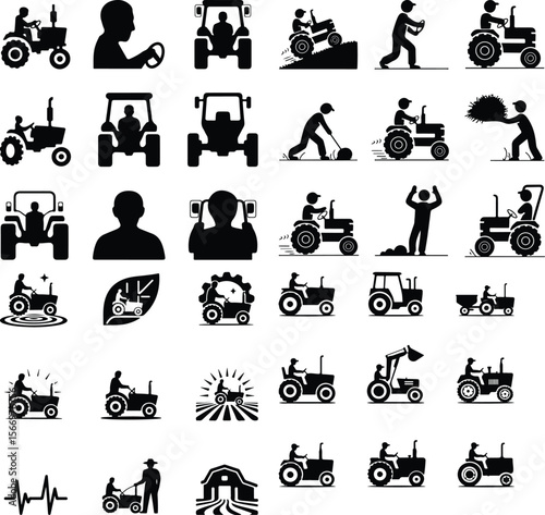 Tractor Driver Icons – Agricultural Black Silhouette Vectors Man Driving Tractor Silhouette Set – Farm Life Icon Collection