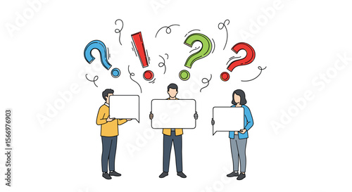 Three people holding blank white boards with question marks and exclamation points above their heads illustrating confusion and inquiry