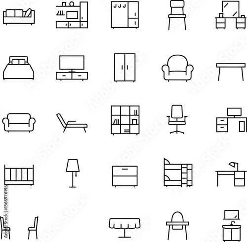 Black-and-White Vector Illustration of Household Furniture Icons – 25-Item Interior & Functional Living Grid