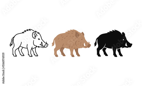 Wild boar silhouette and outline icons in three different styles