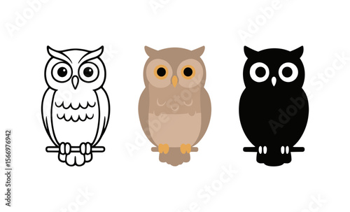 Three owl illustrations: outline, colored, and silhouette versions on white background