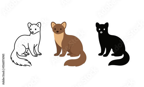 Three stylized ferrets: line art, full color, and silhouette variations for artistic concepts