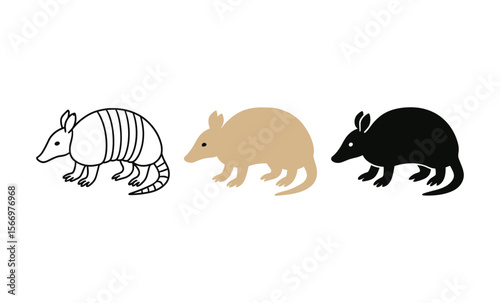 Armadillo trio: black, white, and tan design variations for creative projects
