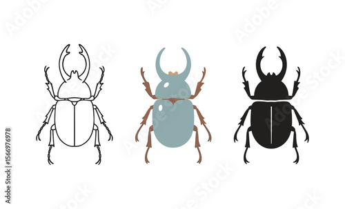 Colorful beetle silhouettes: three artistic stag beetle illustrations on white background