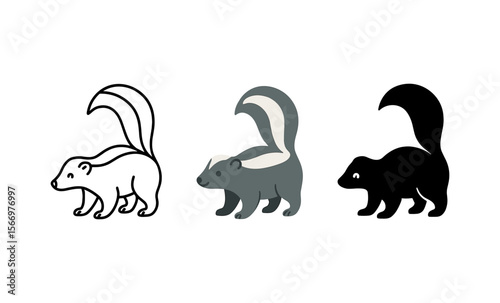 Monochrome and colored cartoon skunk illustrations in various styles