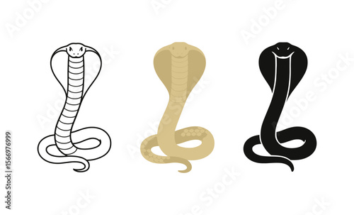 Three cobra silhouettes: black, gold, and ink-style designs on white background