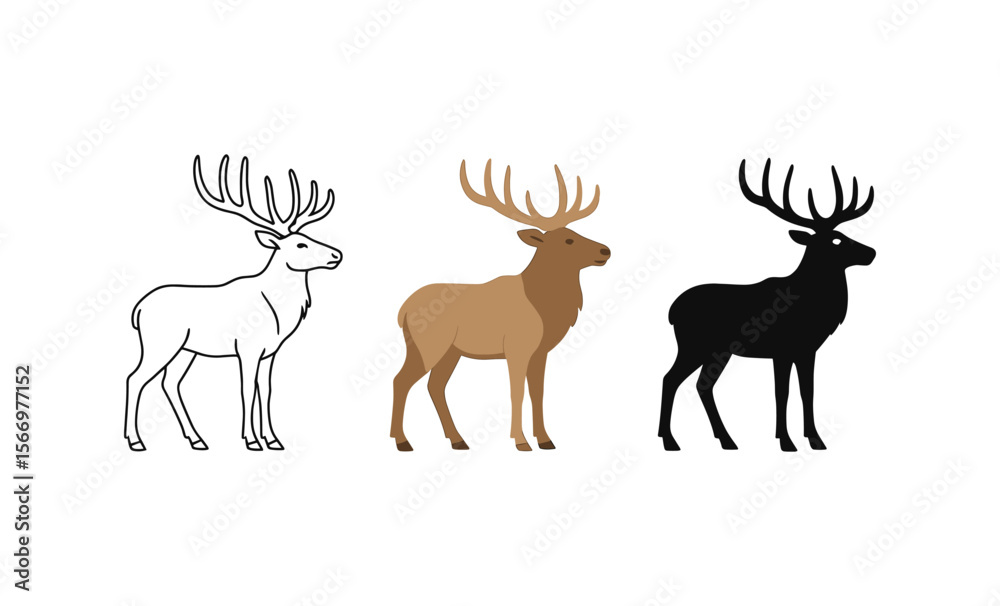 Fototapeta premium Deer silhouette trio: outline, colored, and shadowed versions for wildlife art and design